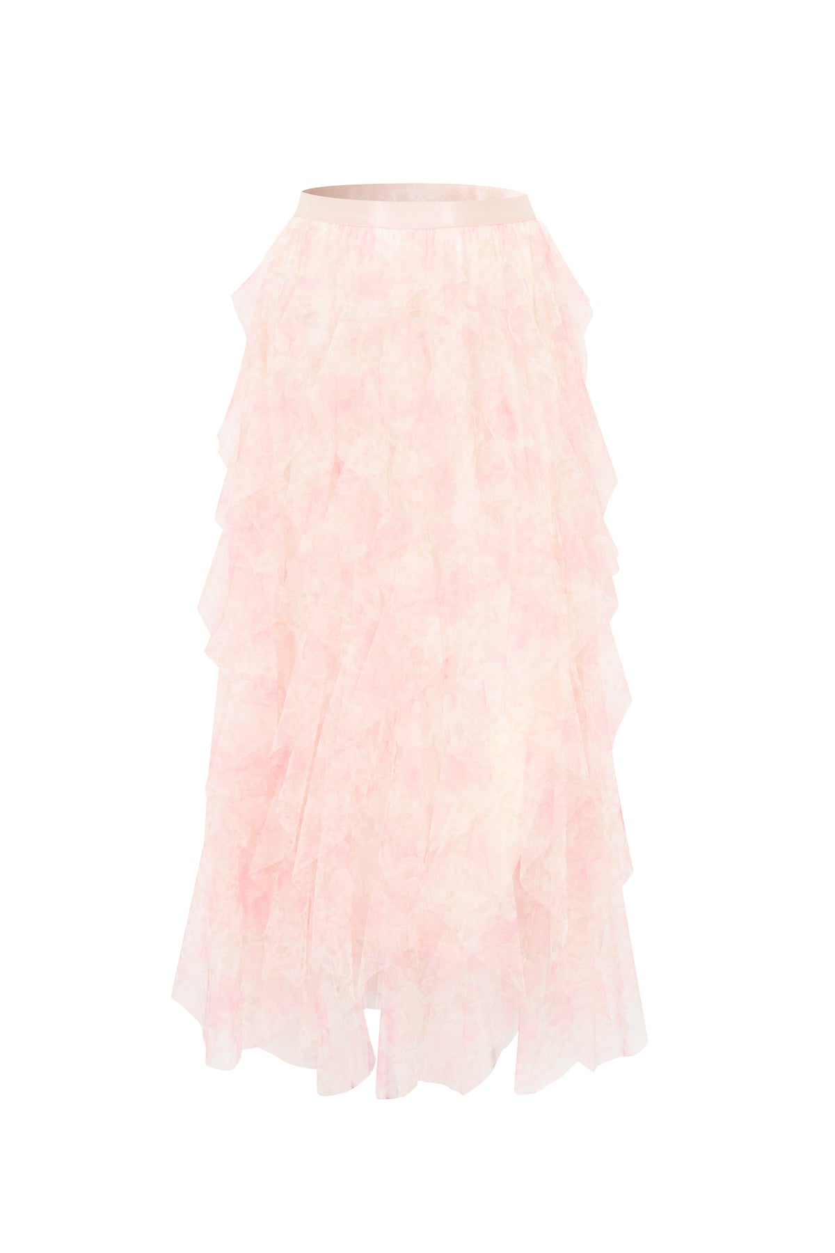 Printed Ruffle Tulle Midi Skirt