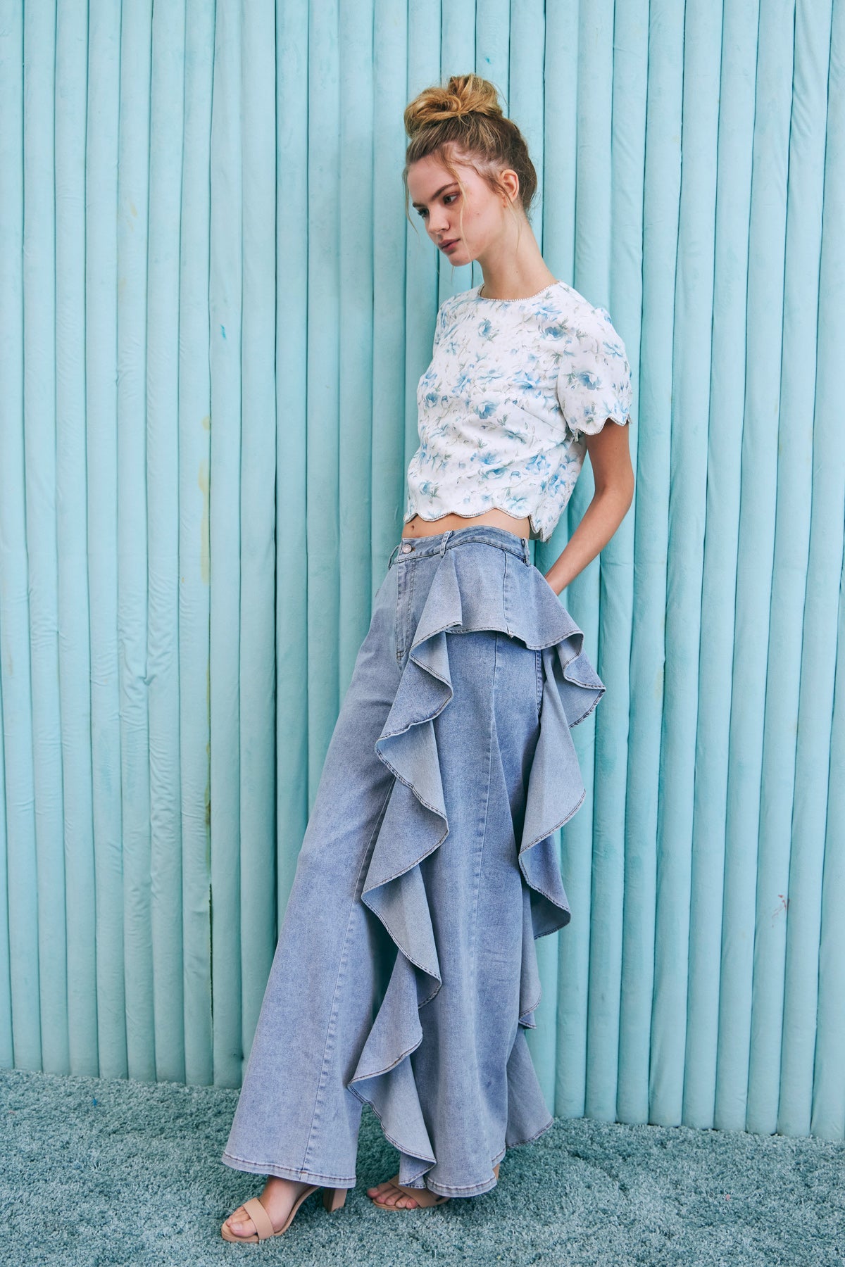 Ruffle Detail Wide Leg Jean