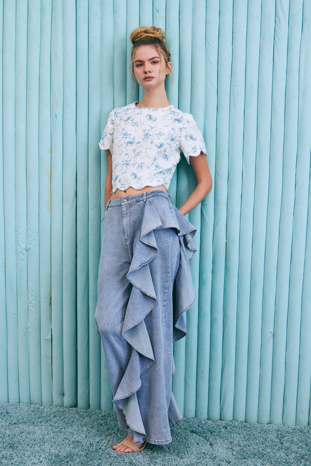 Ruffle Detail Wide Leg Jean