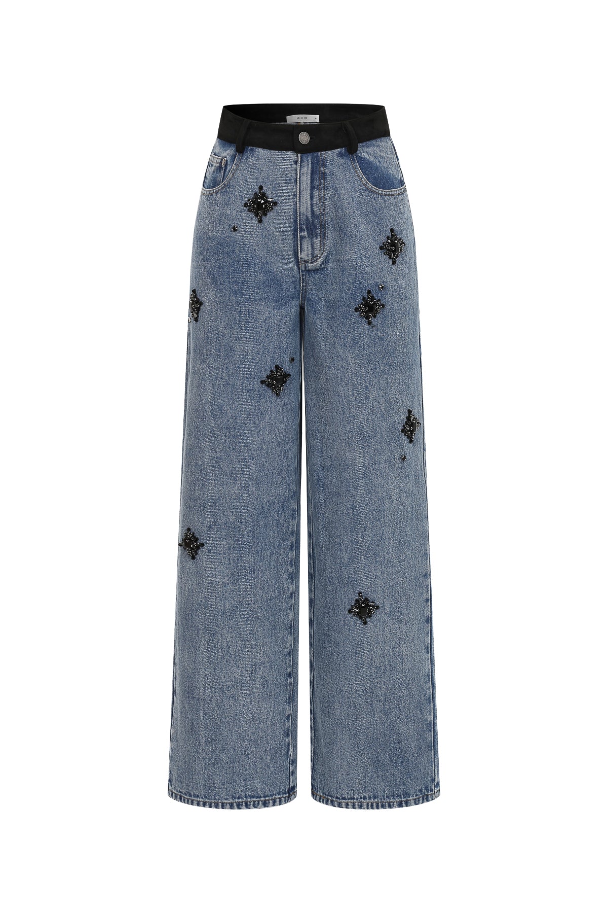 Therese Embellished Denim Pants With Black Waistband
