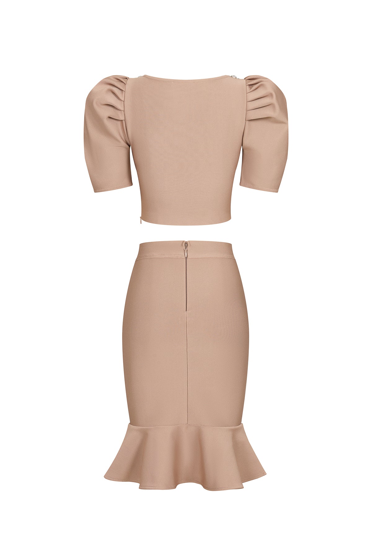 bandage top with rhinestones and flared skirt