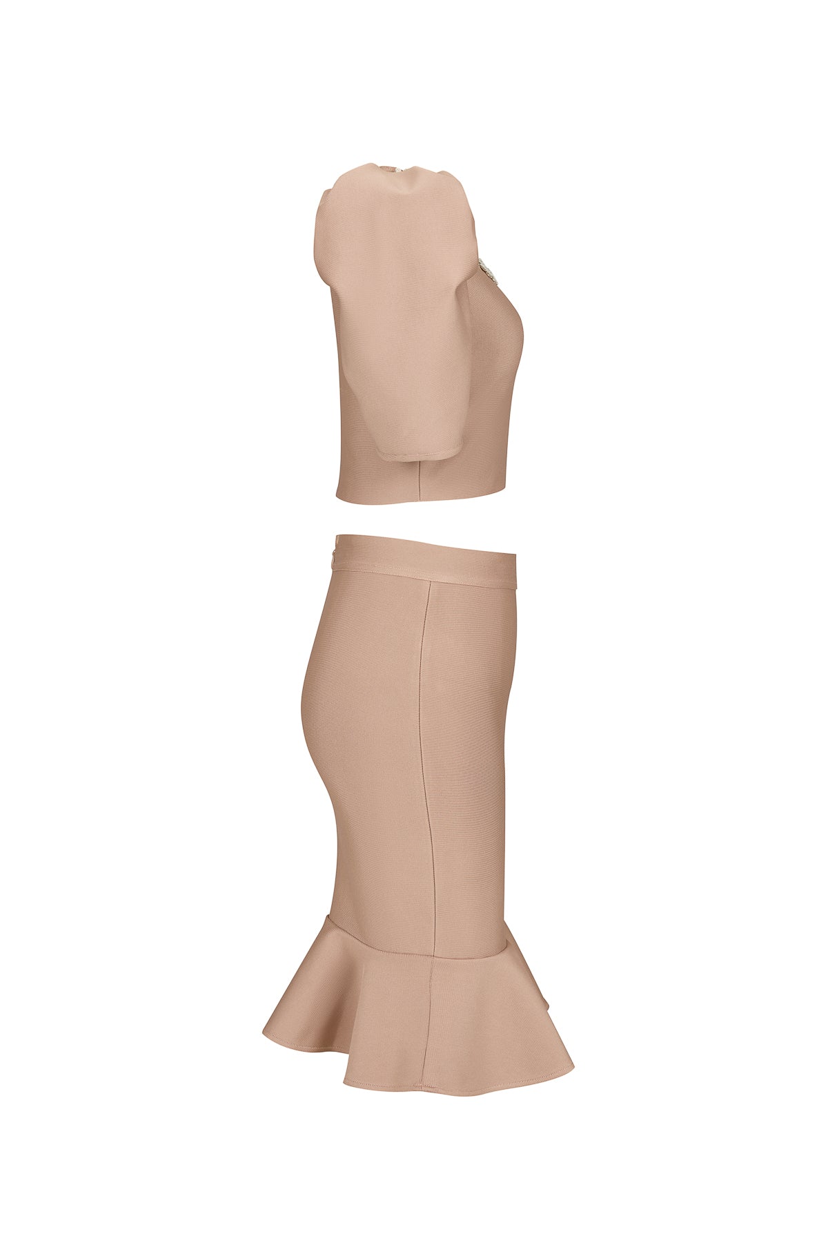 bandage top with rhinestones and flared skirt