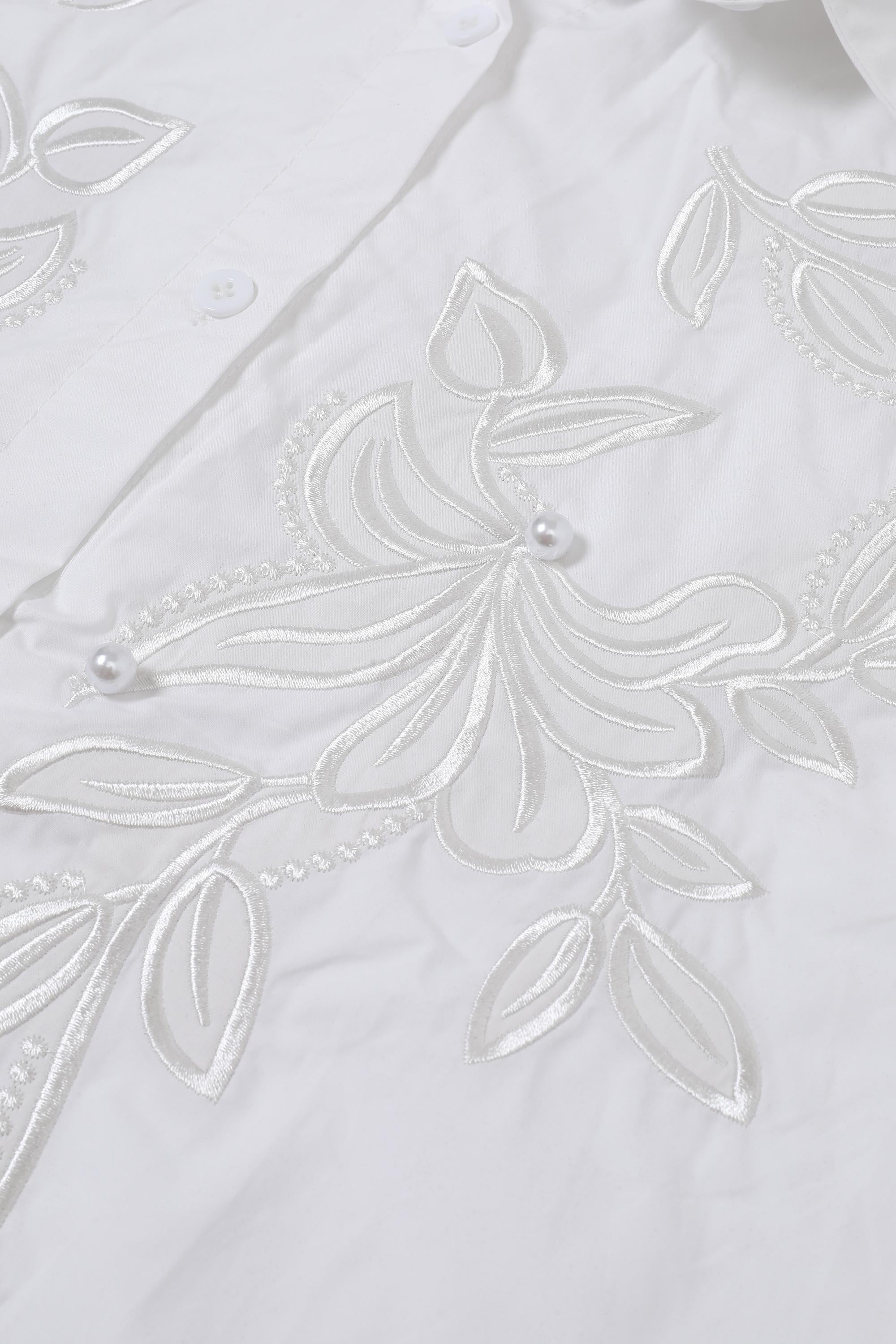 Embroidered Detail Woven Shirt with Pearl Accents