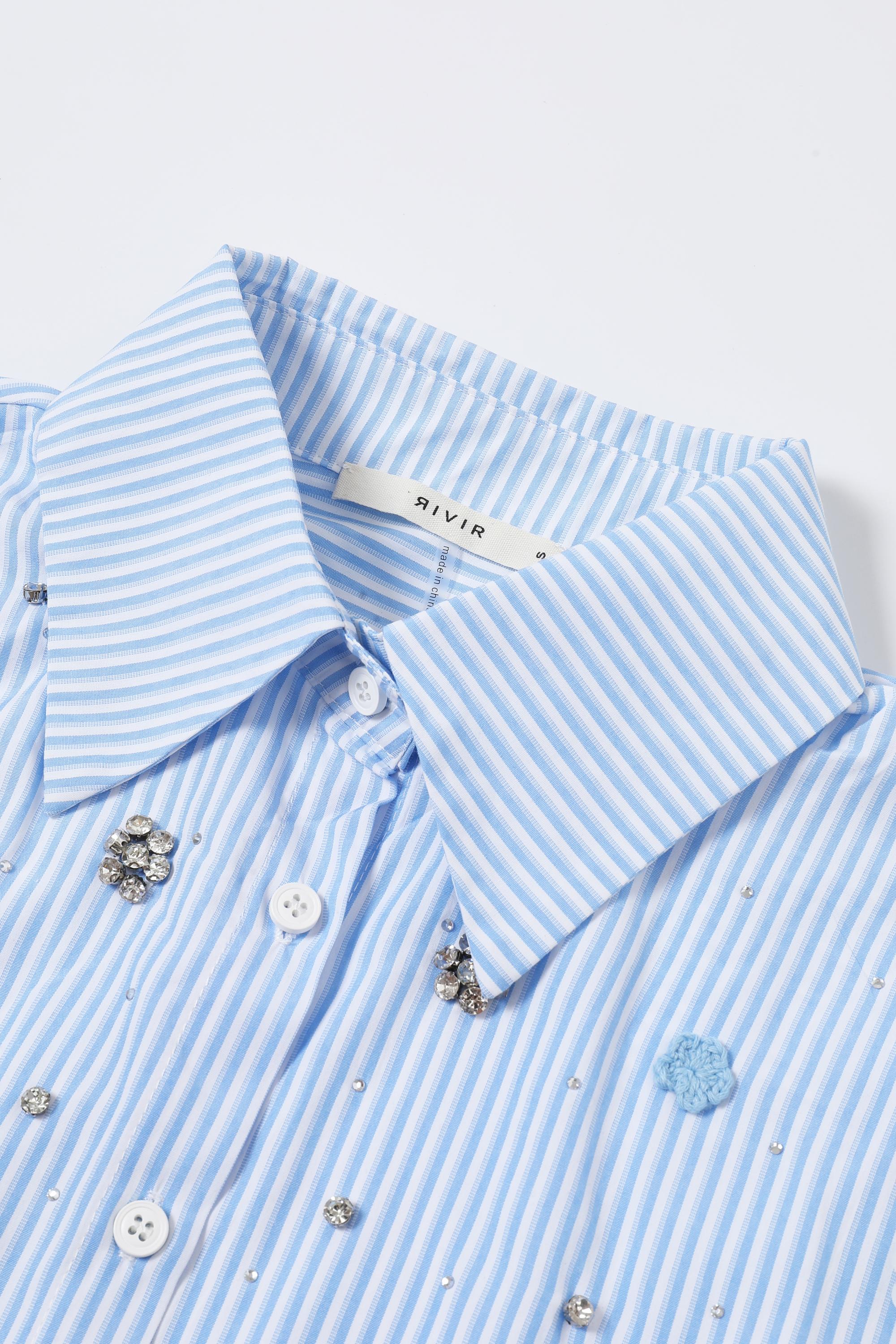 Flower and Rhinestone Embellished Stripe Shirt