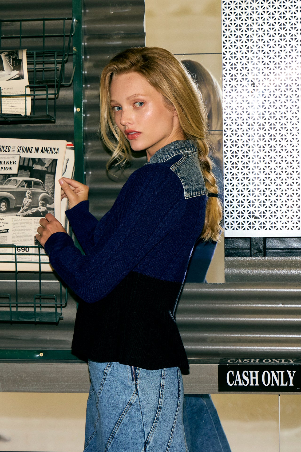 Cable Knit Denim Mix Top