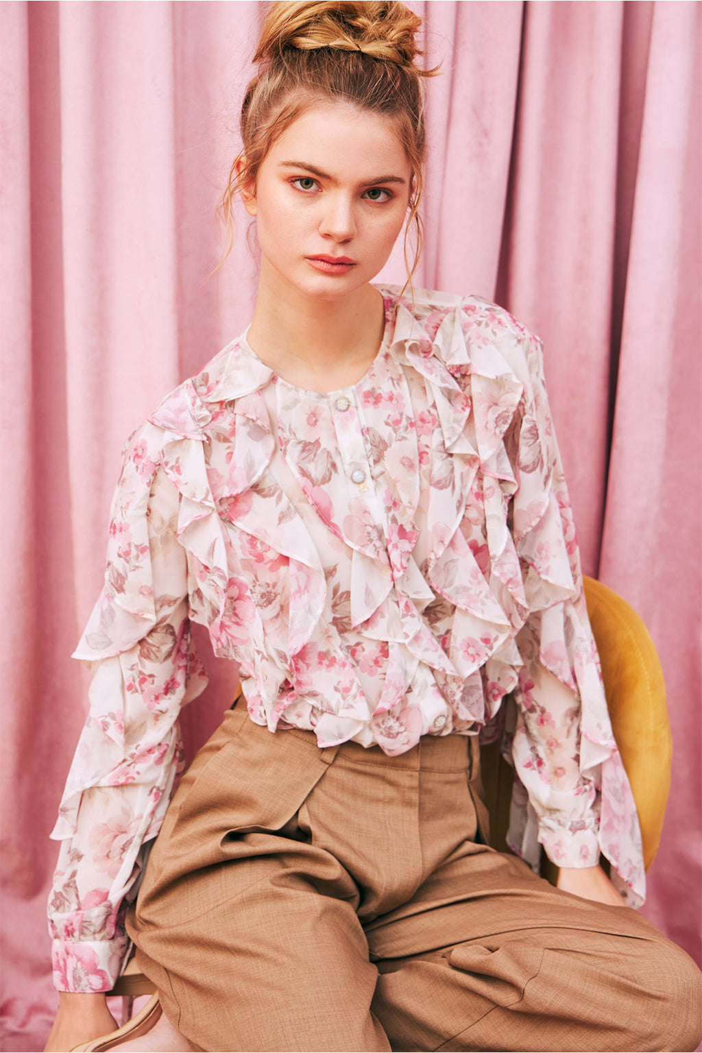 Blush Reverie Ruffle Printed Chiffon Blouse
