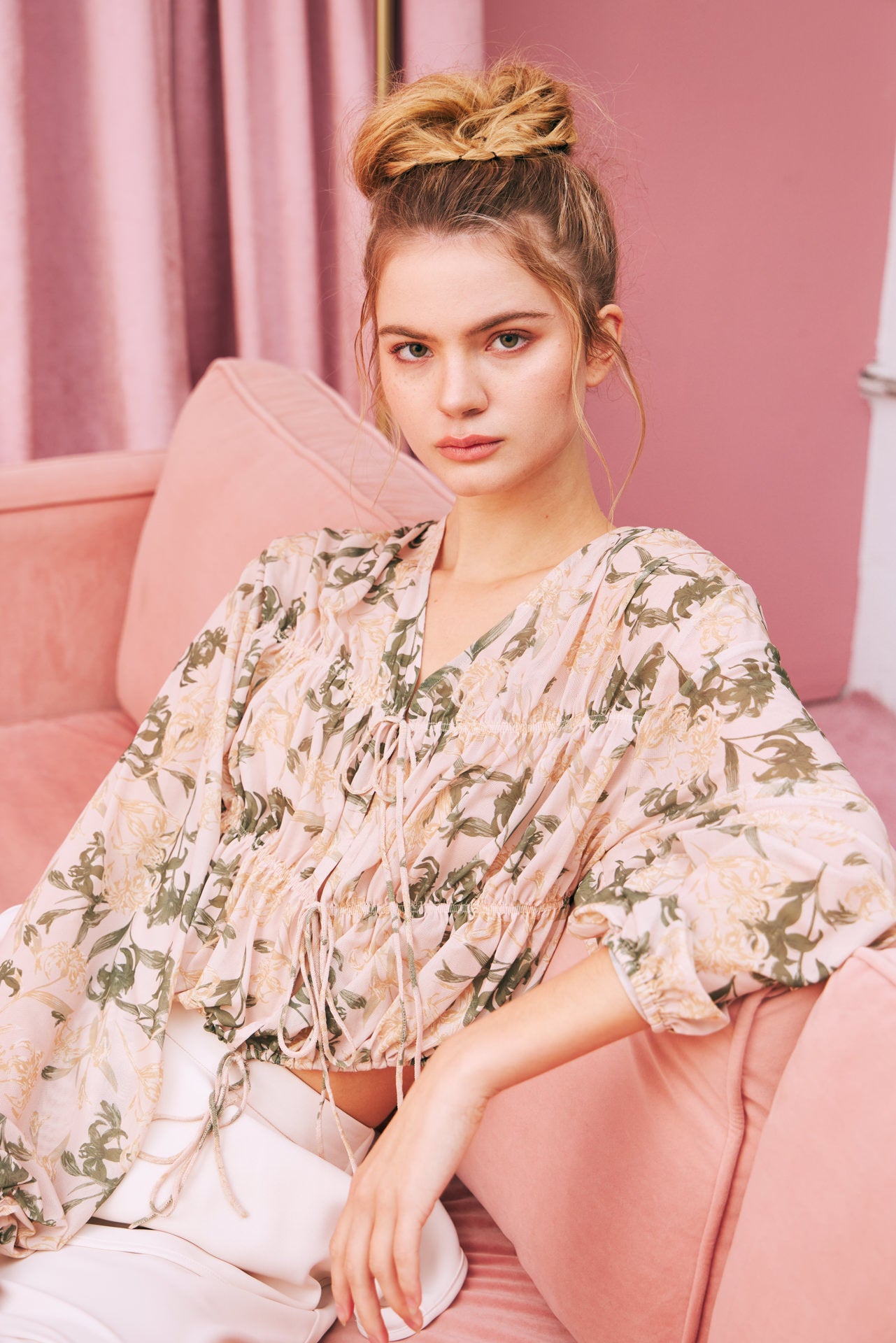Floral Sheer Drawstring Blouse