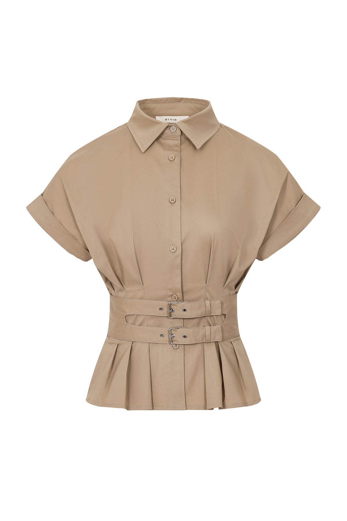 Belted Contour Woven Pleated Short Sleeve Top