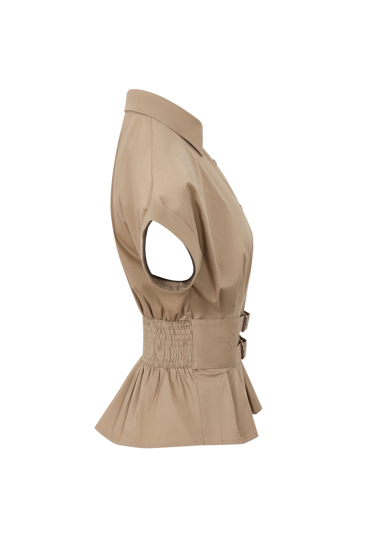 Belted Contour Woven Pleated Short Sleeve Top