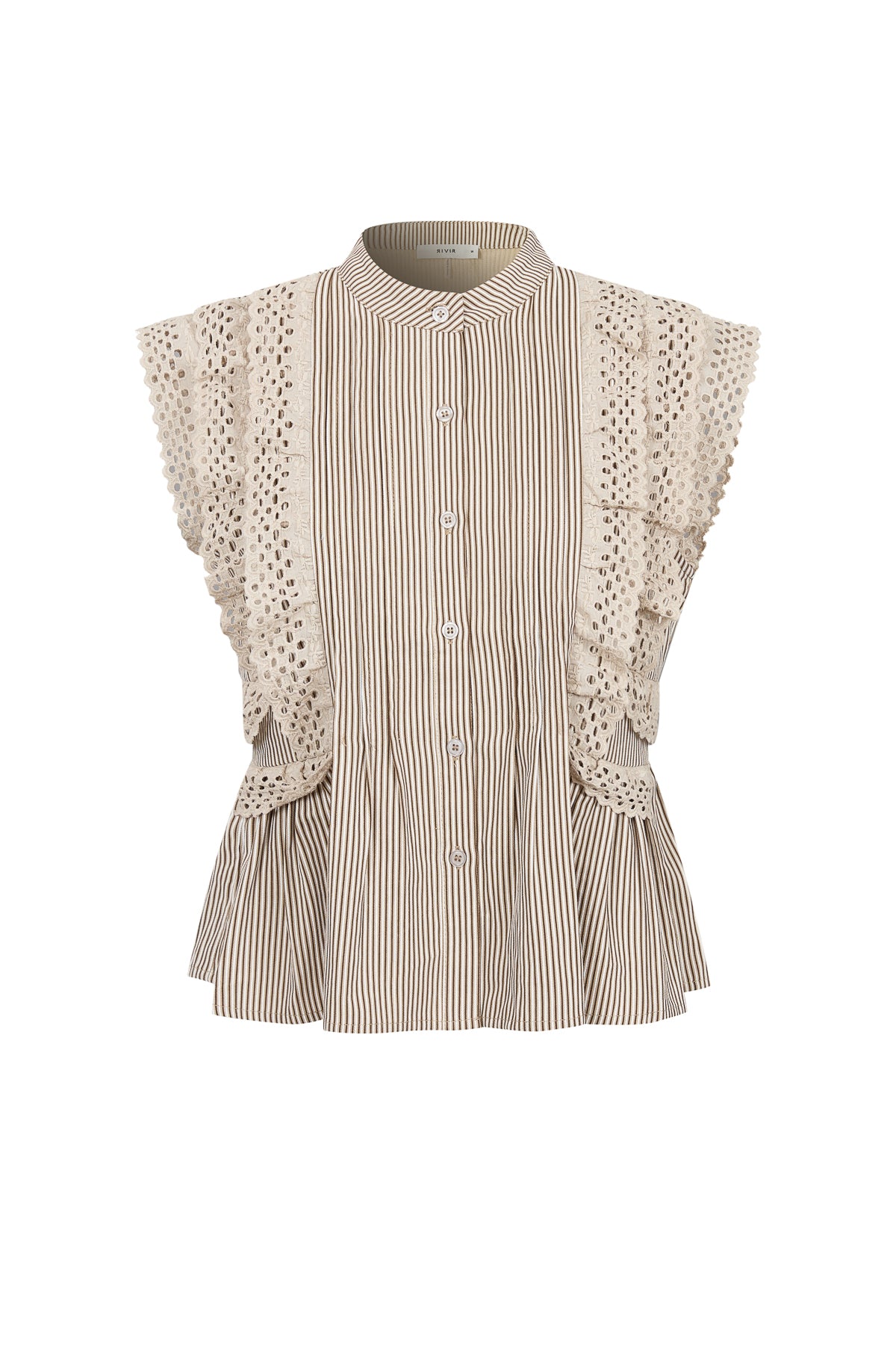 Stripe Sleeveless Pintuck Blouse with Lace Trim