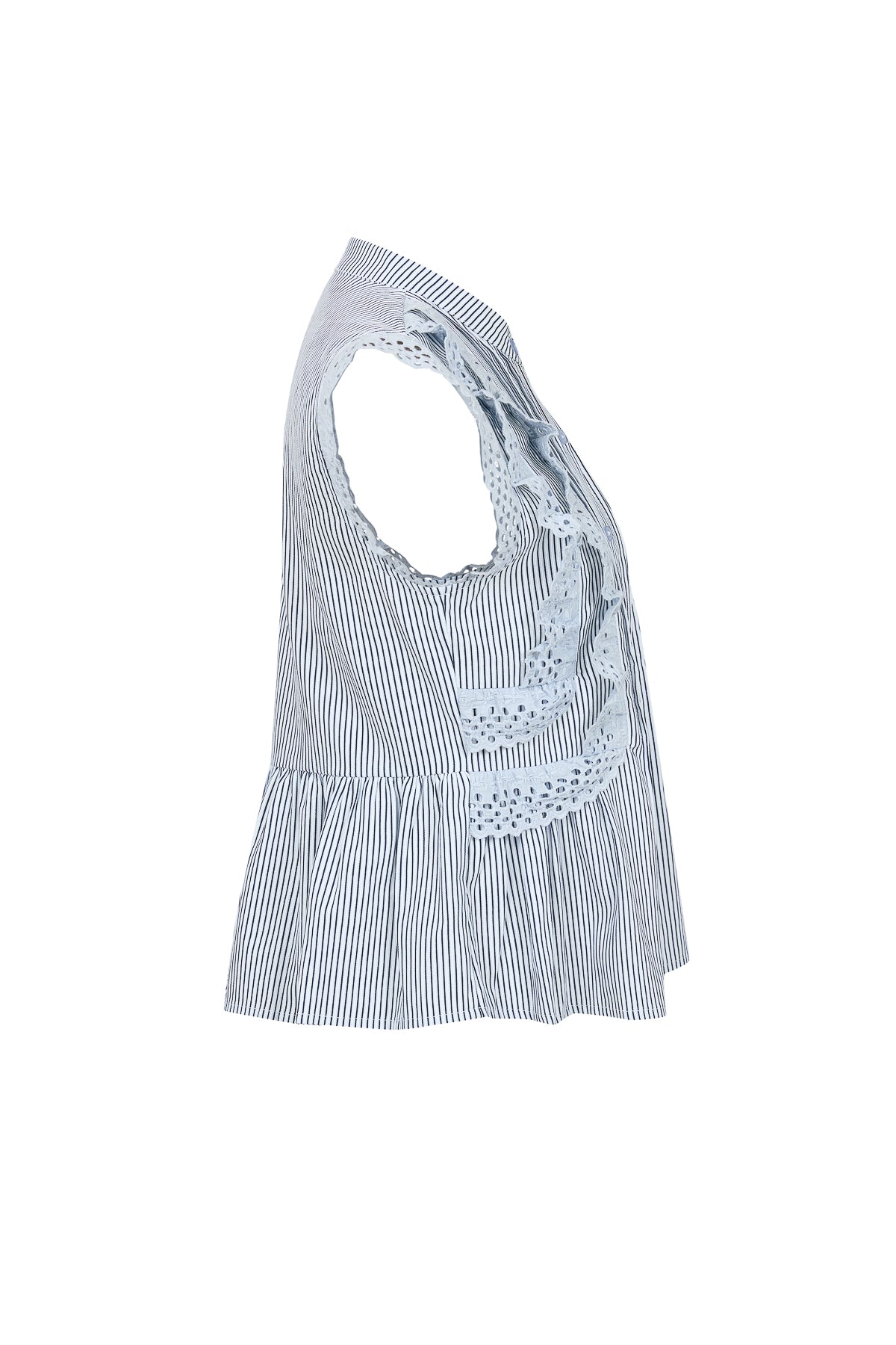 Stripe Sleeveless Pintuck Blouse with Lace Trim