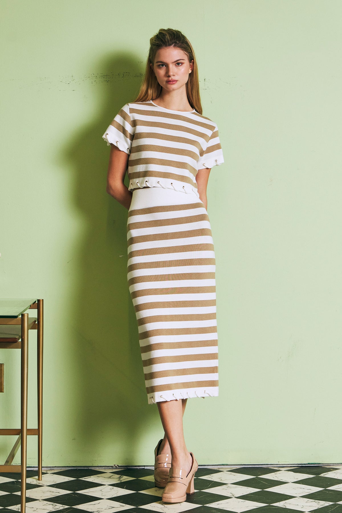 Knit Stripe Rope Embellished Short Sleeve Top