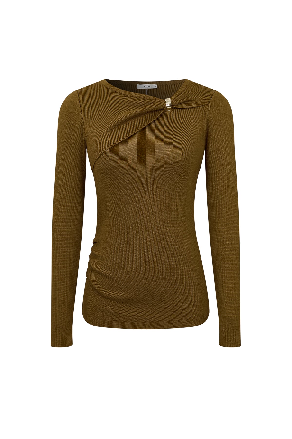 Knit Long Sleeve Top With Asymmetric Neck line And Gold Trim
