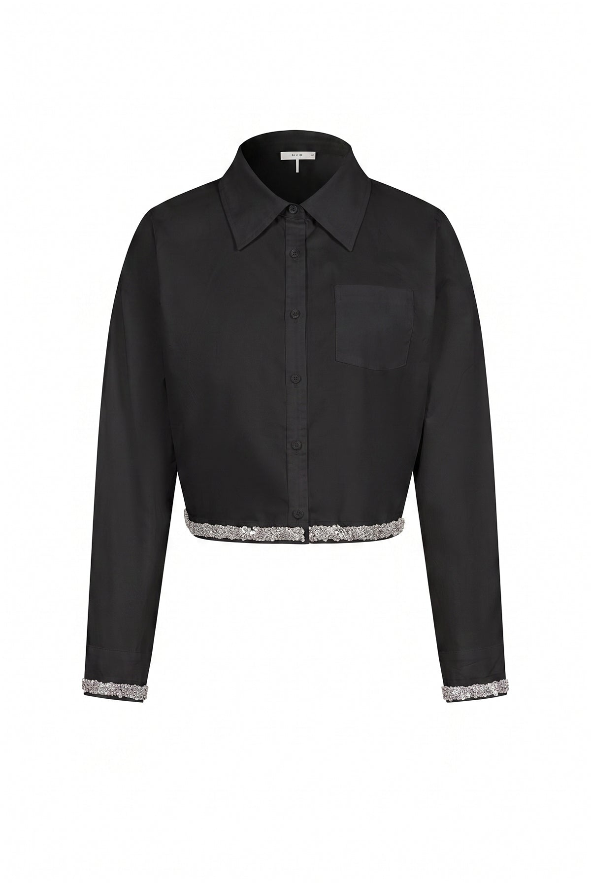 Woven Crop Shirt With Rhinestone Hem