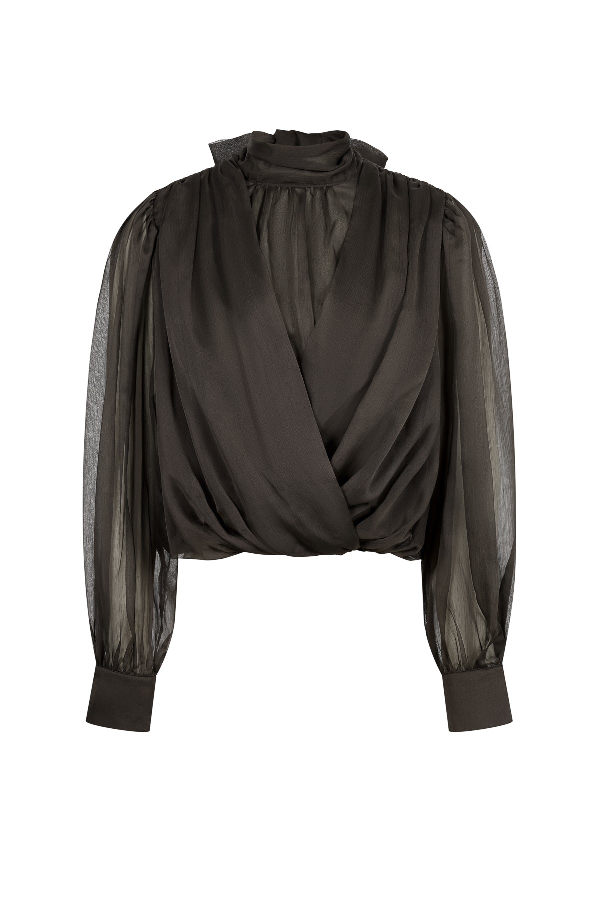 Semi Sheer Drapey Crossover Long Sleeve Blouse