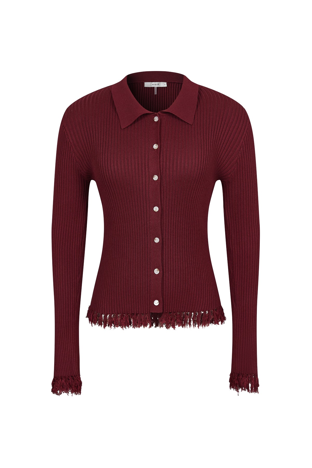 Knit Long Sleeve Top with Collar and Fringe Detail