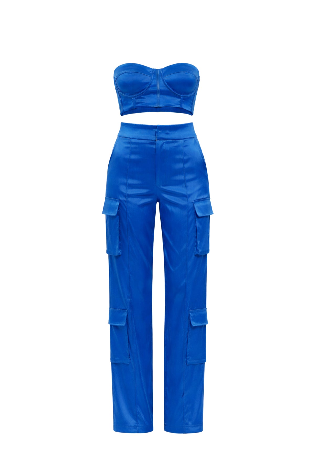 Corset Tube Bra Top and Satin Cargo Pants Set