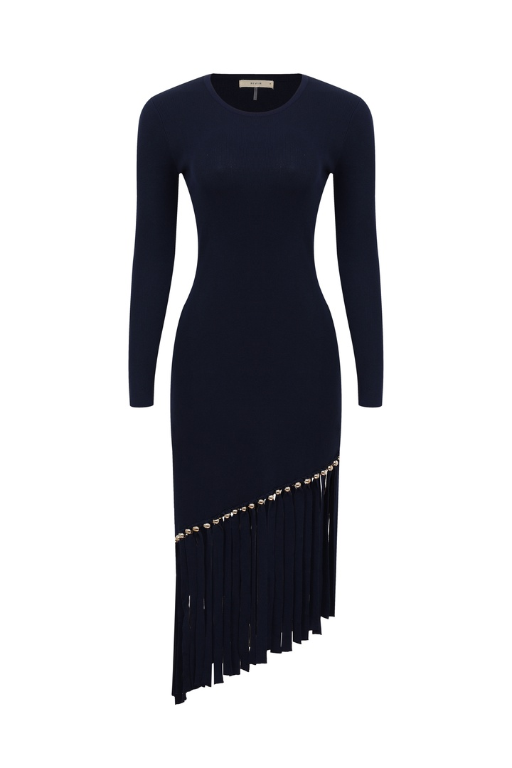 Beaded Fringe Knit Long Sleeve Midi Dress