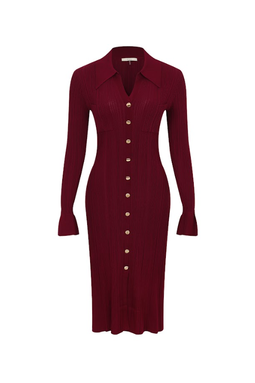 Cecilia Variegated Rib Knit Long Sleeve Collar Midi Dress