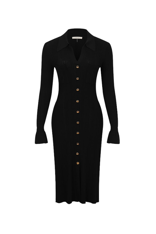 Cecilia Variegated Rib Knit Long Sleeve Collar Midi Dress