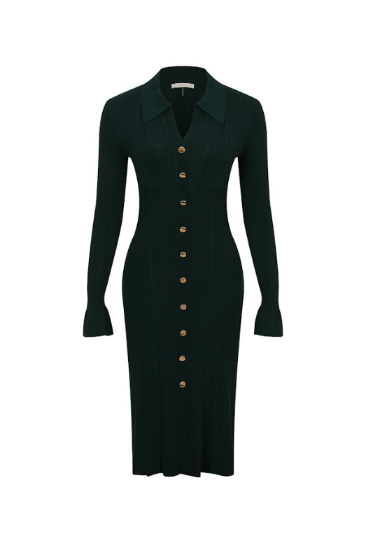 Cecilia Variegated Rib Knit Long Sleeve Collar Midi Dress