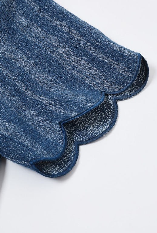 Scallop Hem Denim Top with Neck Rhinestones