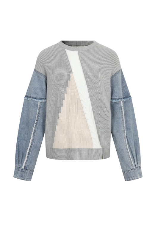 Denim-Sleeve Contrast Knit Sweater