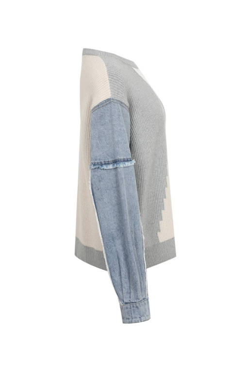 Denim-Sleeve Contrast Knit Sweater