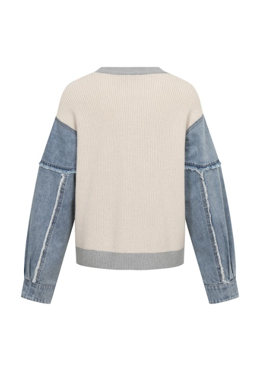 Denim-Sleeve Contrast Knit Sweater