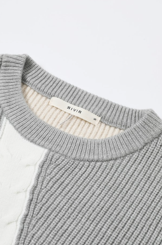 Denim-Sleeve Contrast Knit Sweater