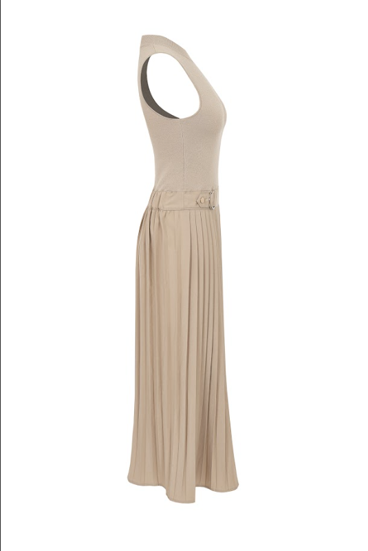 Knit Woven Mix Pleated Midi Dress