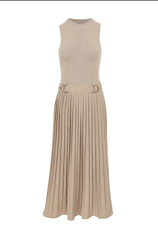Knit Woven Mix Pleated Midi Dress