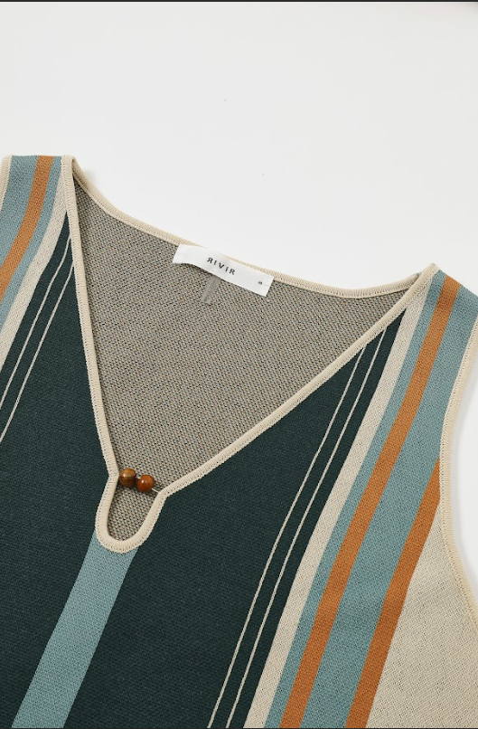 Knit Multi Border Stripe Sleeveless Top with Keyhole