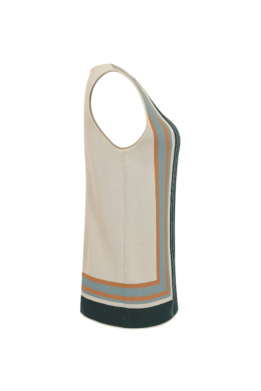 Knit Multi Border Stripe Sleeveless Top with Keyhole
