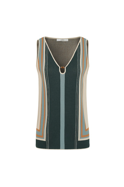 Knit Multi Border Stripe Sleeveless Top with Keyhole