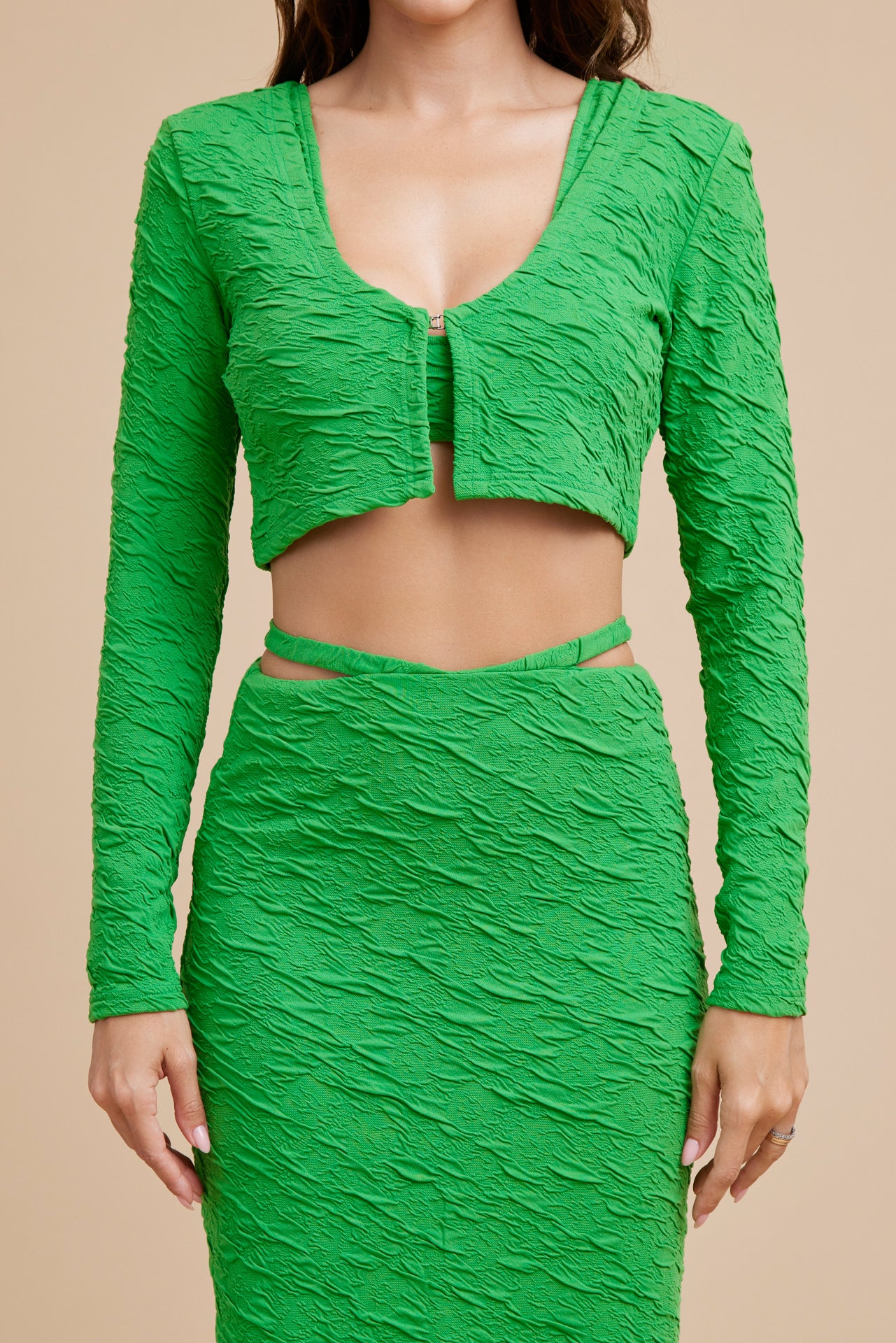 Textured Knit Bra Top, Cardigan and Maxi Skirt Set
