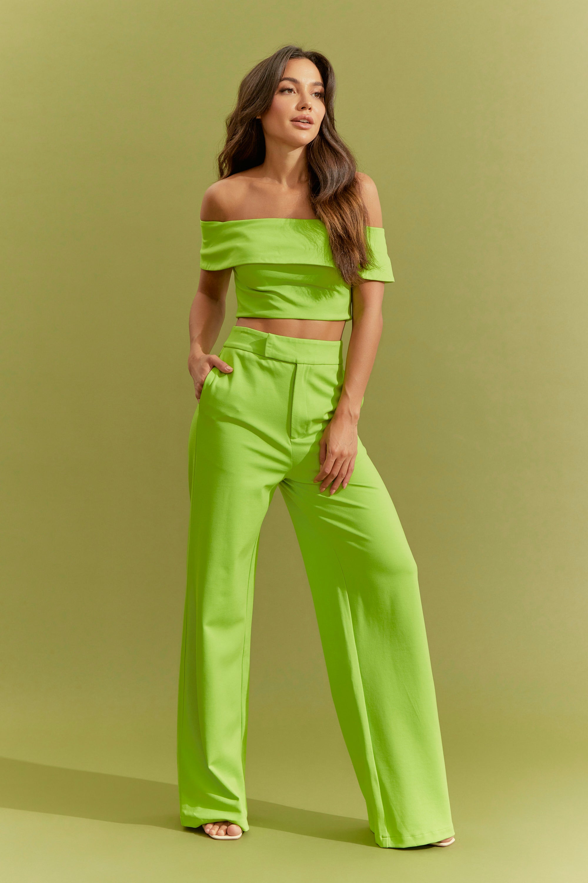 Knit Off Shoulder Crop Top and Wide Leg Pants Set