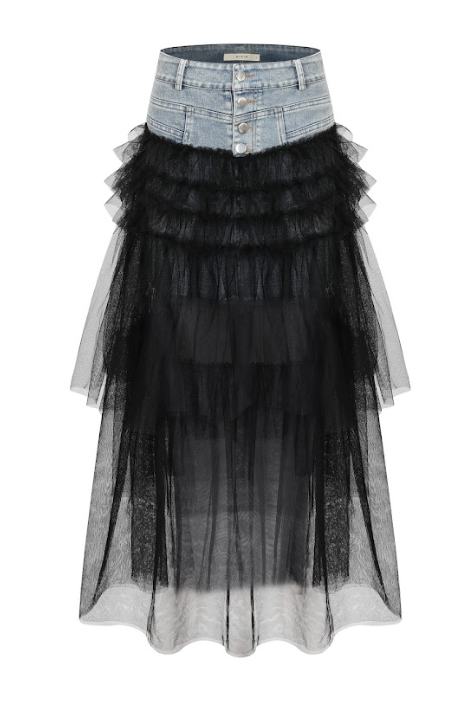 Denim Skirt with Mesh Contrast
