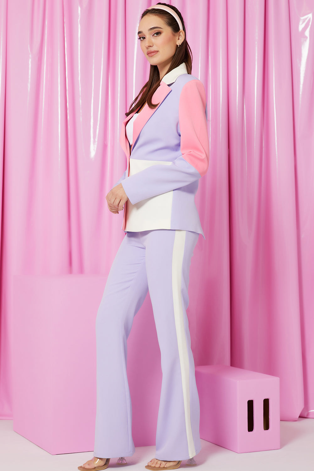 Color Block Lapel Blazer and Flare Leg Pants Set