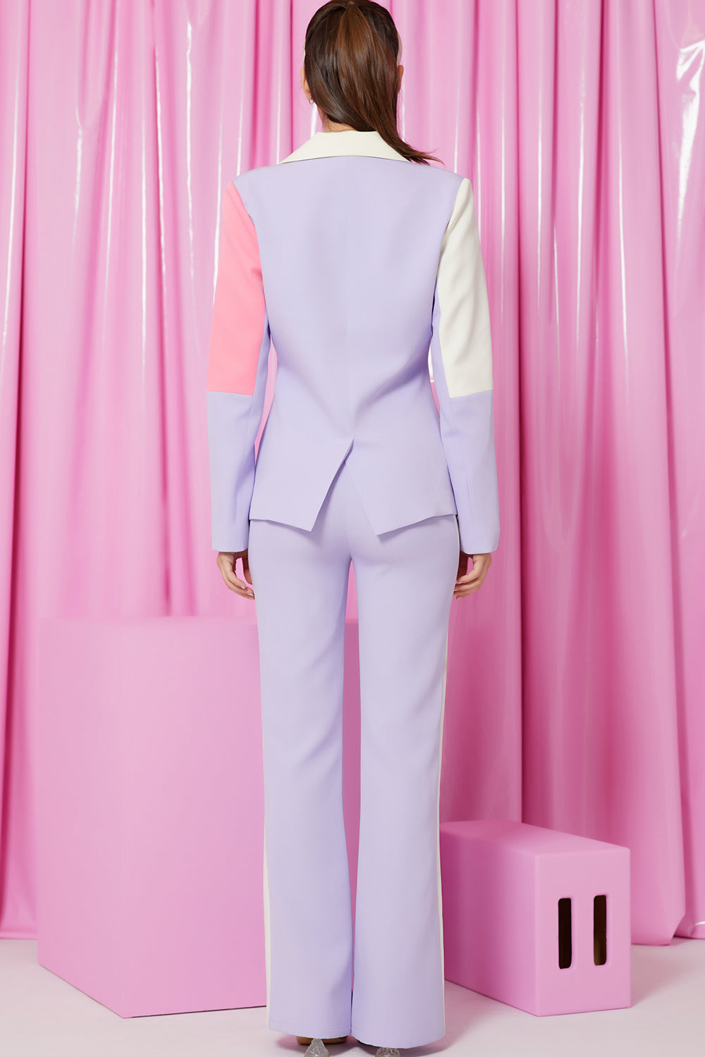 Color Block Lapel Blazer and Flare Leg Pants Set