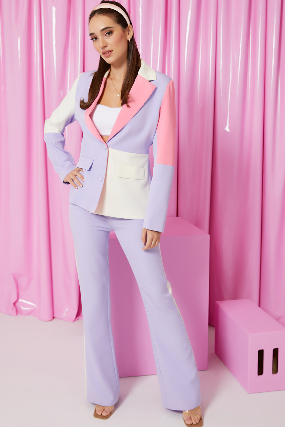 Color Block Lapel Blazer y Flare Leg Pants Set