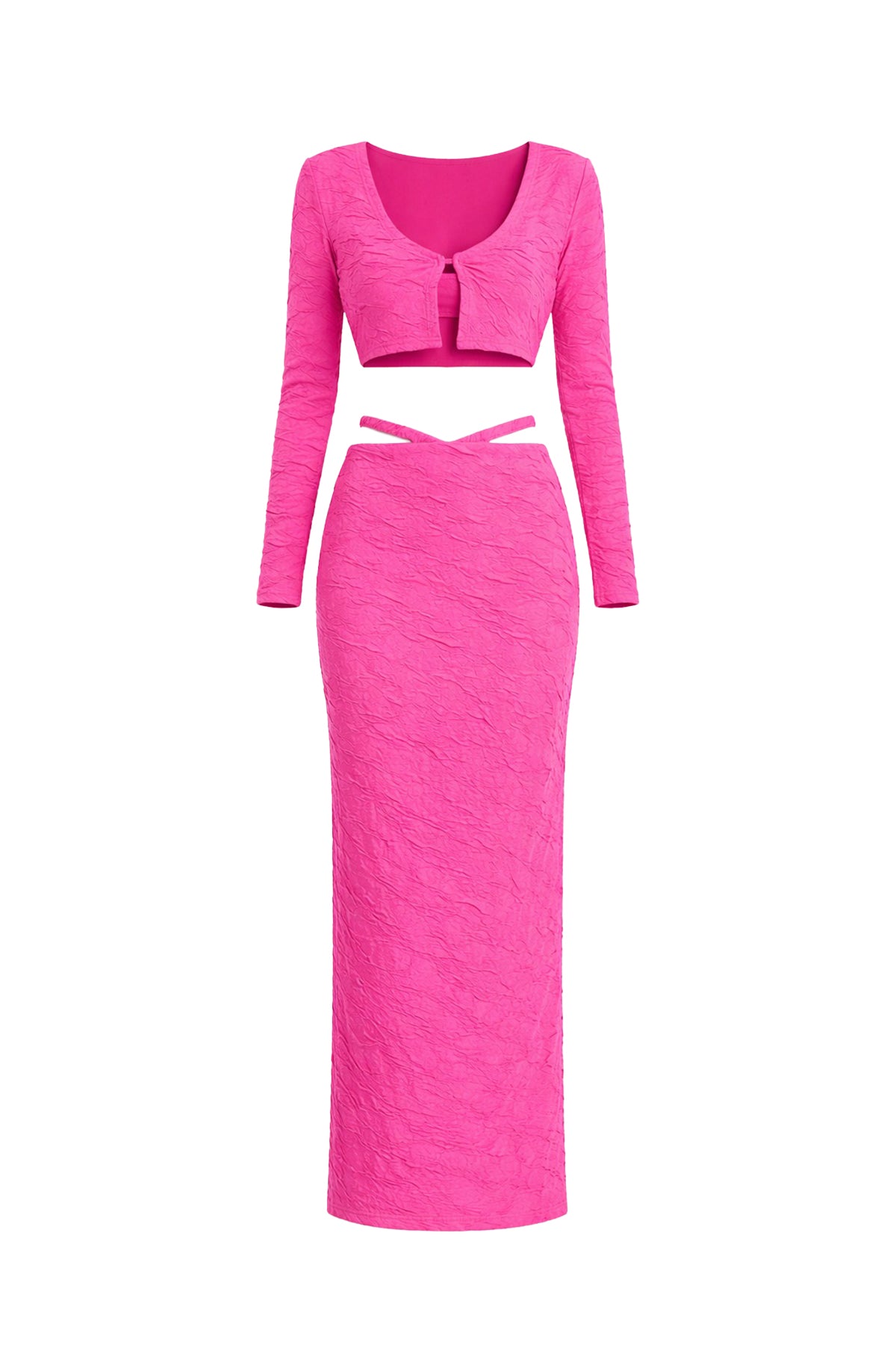 Textured Knit Bra Top, Cardigan and Maxi Skirt Set