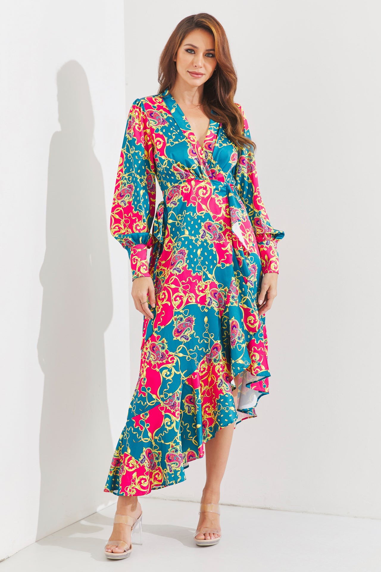 Woven Print Ruffle Detail Wrap Dress