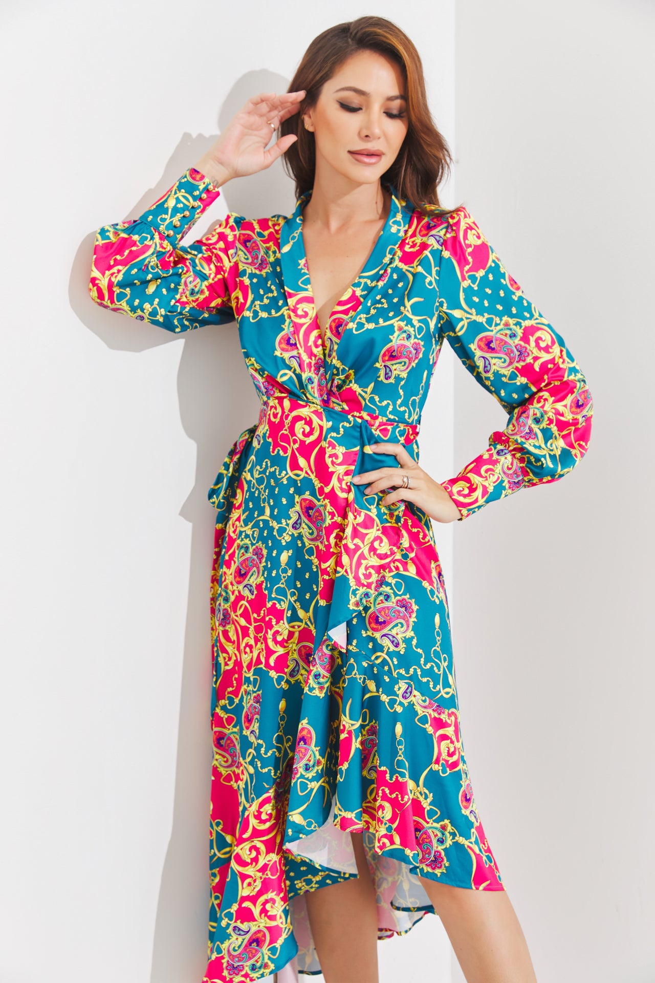 Woven Print Ruffle Detail Wrap Dress