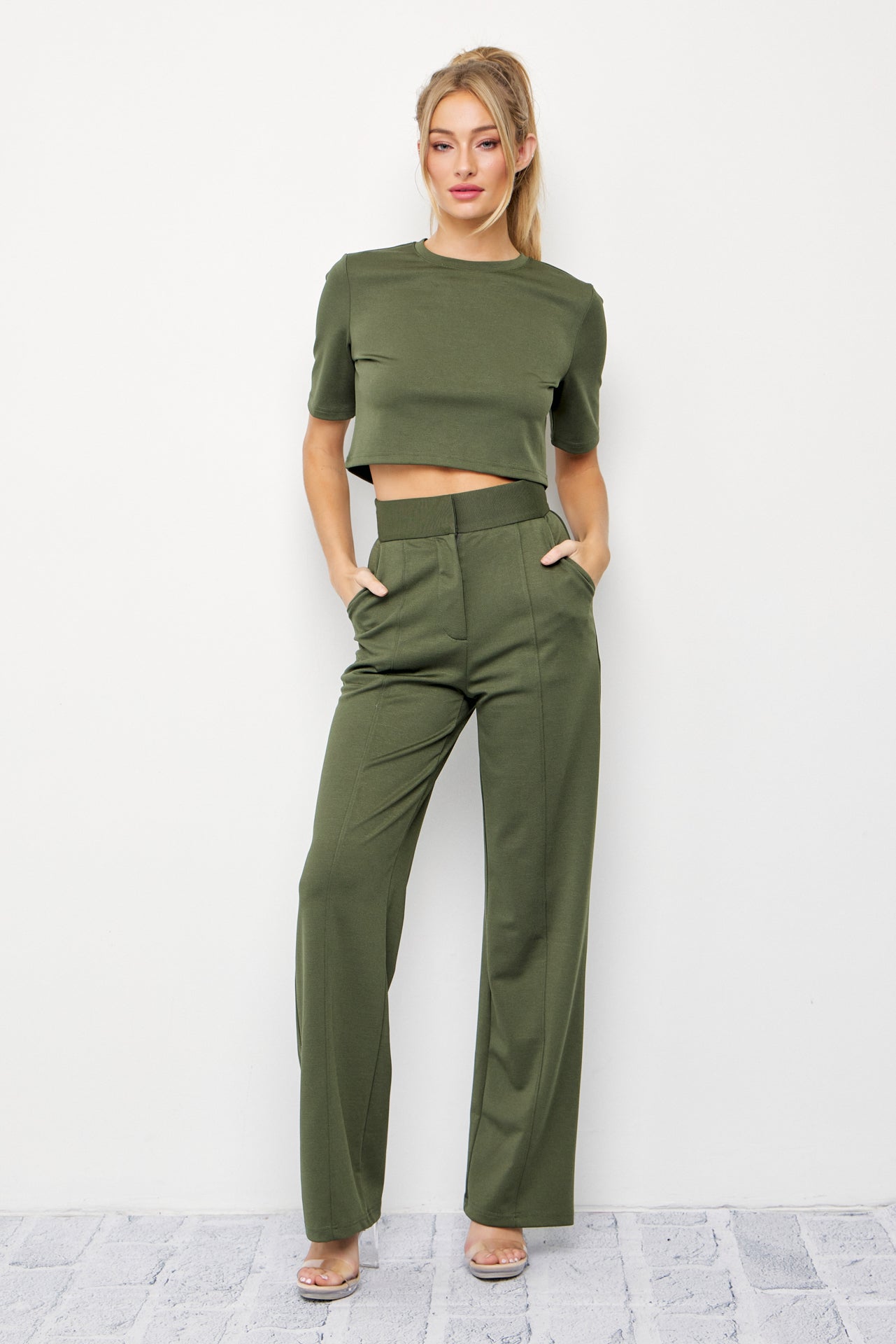 Casual Day Crop Top and High Waist Pants Set