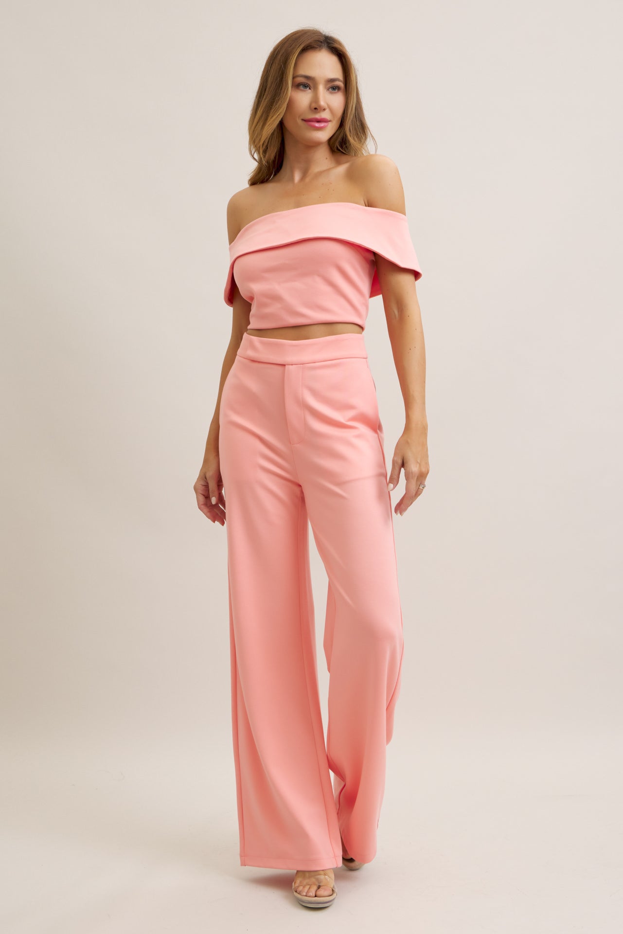 Knit Off Shoulder Crop Top and Wide Leg Pants Set