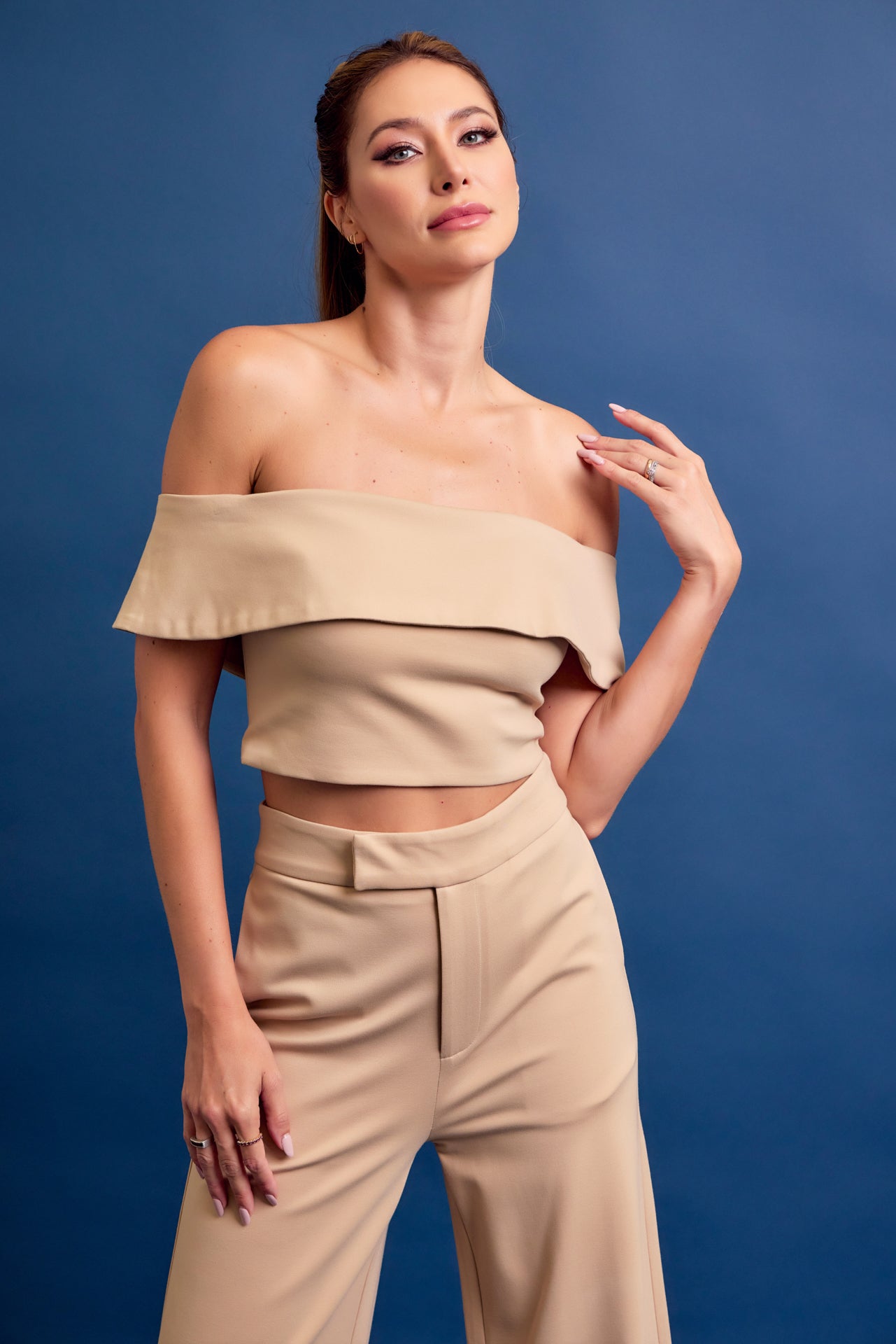 Knit Off Shoulder Crop Top and Wide Leg Pants Set