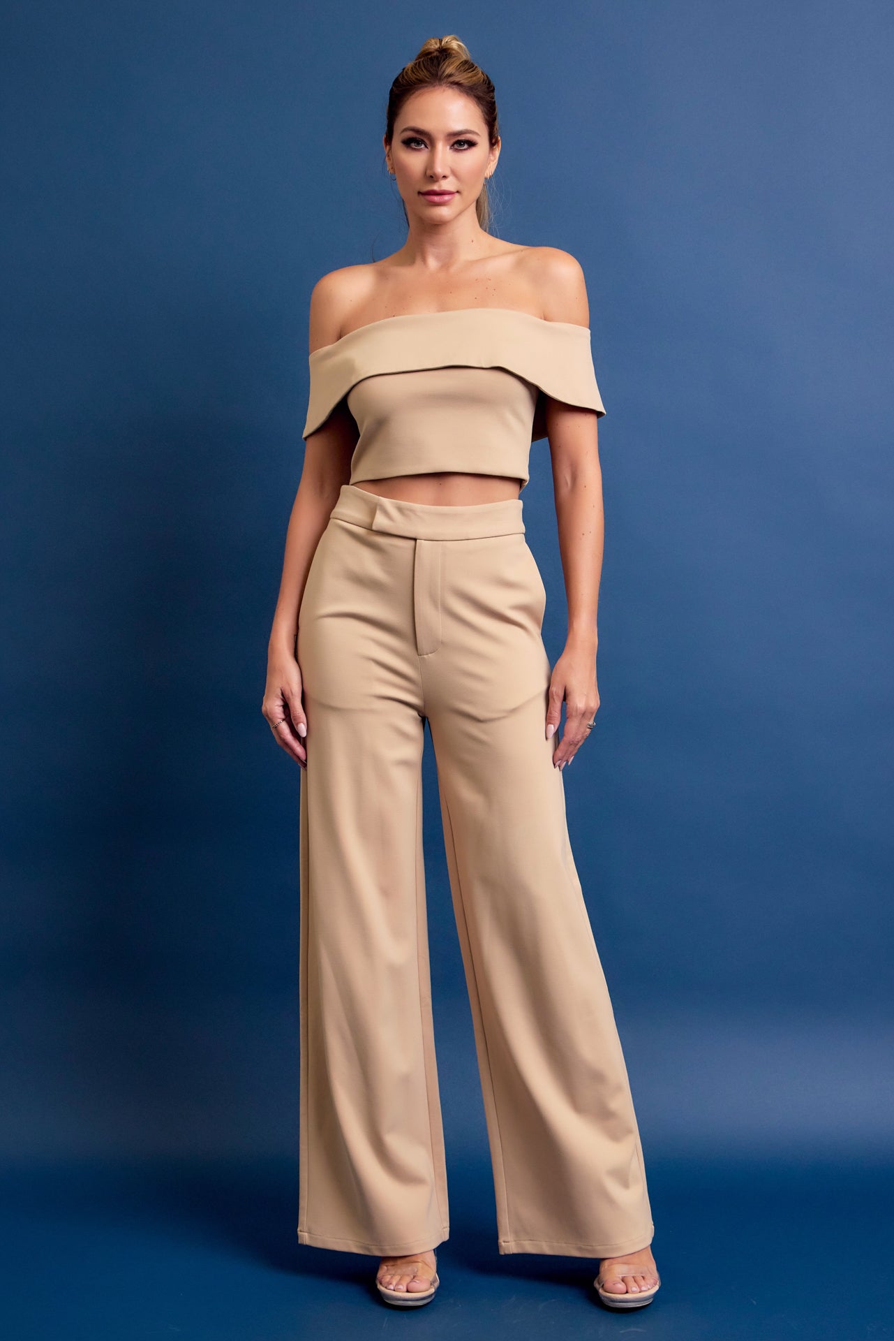 Knit Off Shoulder Crop Top and Wide Leg Pants Set