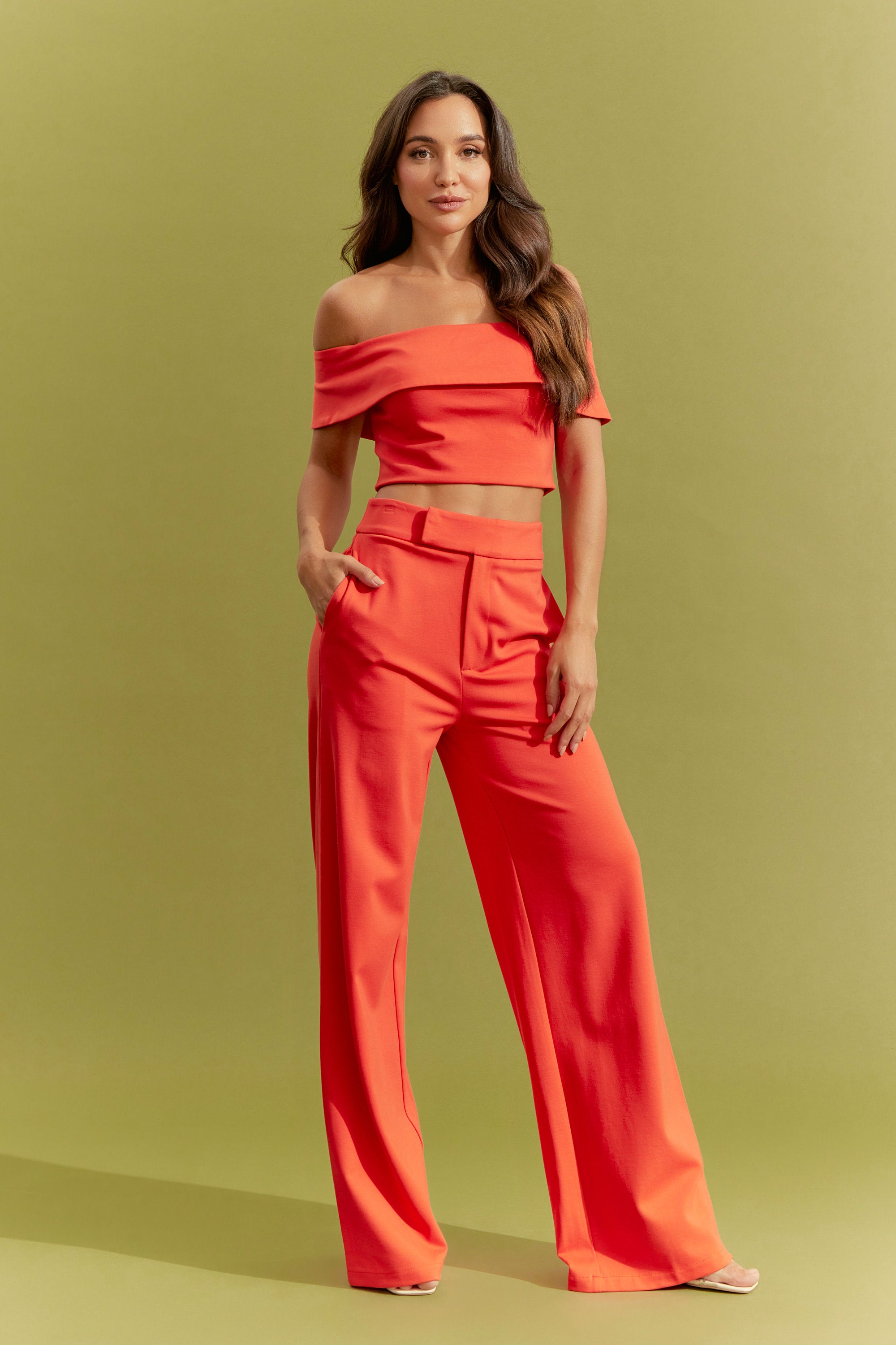 Knit Off Shoulder Crop Top and Wide Leg Pants Set