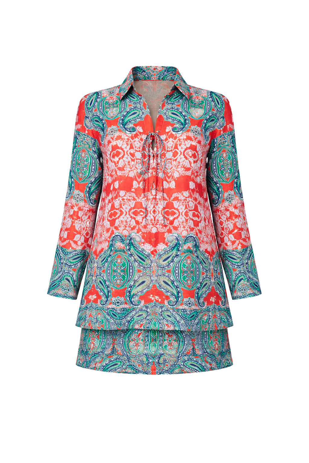 Woven Print Lace Up Shirt and Skirt Set
